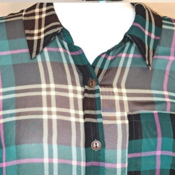 EUC Modcloth Sheer Plaid Button Down Blouse 1X - Picture 7 of 16